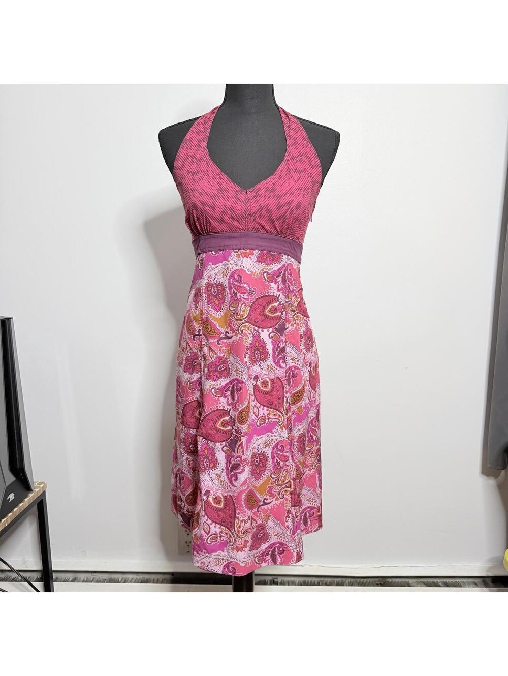 Athleta Paisley Halter Midi Dress Size 4 Pink Mixed Print Empire Waist Boho